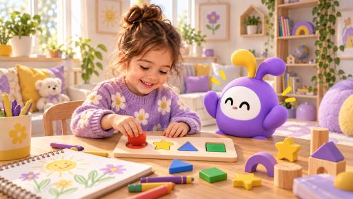 Ekranda keşfettiği şekilleri ahşap parçalarla deneyen çocuk