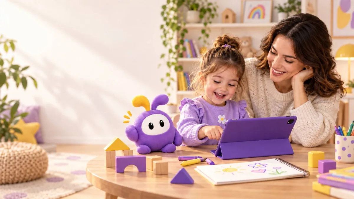 Ebeveyn ve çocuğu tabletteki içerikleri renkli bloklar ve çizimlerle birlikte keşfediyor