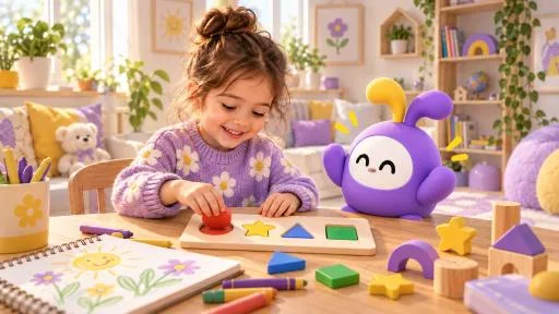 Ekranda keşfettiği şekilleri ahşap parçalarla deneyen çocuk